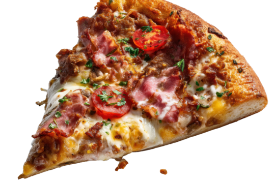Slice of Pizza: A delicious slice of pizza, overloaded with savory toppings like meat, cheese, and tomato, offers a mouthwatering preview of a complete and satisfying meal.