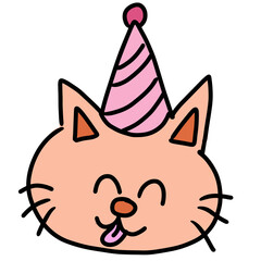 Hand drawn illustrations of cat wearing party hat for cartoon characters, comic, mascot, cute patch, shirt print, kitten drawing, adopt and rescue animal, pet shop, vet, foster home, shelter, sticker