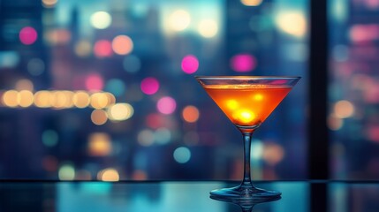 Close-up of a cocktail on a table with blurred city lights in background, bokeh effect