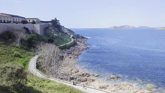 Historic stone architecture of Monterreal Castle (Castillo de Monterreal) in Baiona, Galicia. The clip shows part of the medieval fortress, a landmark on Spain's Atlantic coast.