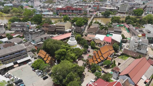 Aerial View Of Wat Ket Karam Along Charoenrad Road, Muang, Chiang Mai, Thailand.