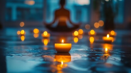 Evening candle-lit yoga session with soft glows and reflection on floor, tranquil ambiance
