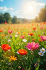 Obraz premium A vibrant, sun-drenched field of wildflowers swaying freely in the breeze, embodying unrestrained joy and passionate energy , wild, cheerful