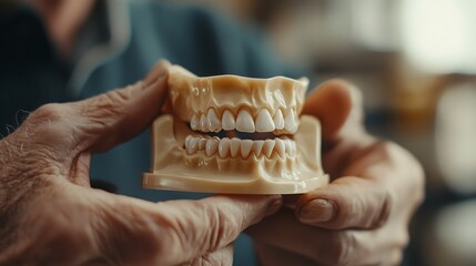 Dentist explaining a dental model to a patient seated upright, natural light from windows
