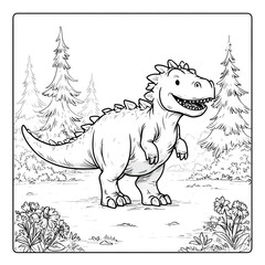 Cute Cartoon Dinosaur Coloring Adventure in a Forest Landscape: Engaging Prehistoric Character Art for Kids with Friendly Spikes, Vibrant Nature Scenery, and Imaginative Fun