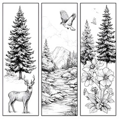 Tranquil Black and White Sketch of Serene Nature: Artistic Landscape with Trees, Deer, Mountains, River, Flowers, and Wildlife in a Peaceful Outdoors Habitat