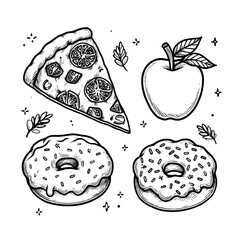 Whimsical Hand-Drawn Pizza Slice Illustration with Toppings, Cheese, Crust, and Donut Dessert: A Colorful Indulgence in Culinary Style and Comfort Food Aesthetics for Happy Snacking