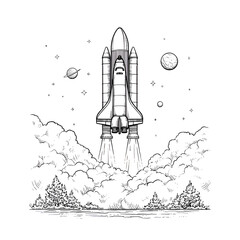 Futuristic Rocket Launch Adventure in Space: Minimalist Illustration of Aerospace Exploration, Vehicle Technology, and Science Journey through Clouds and Stars in the Universe