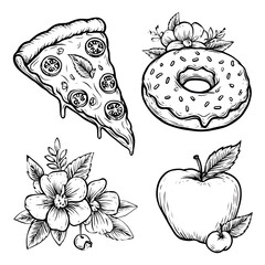 Delightful Vegan Pizza and Doughnut Illustration: A Black and White Sketch of Tasty Fresh Produce with Floral Toppings and Organic Ingredients Perfect for Culinary Art Enthusiasts