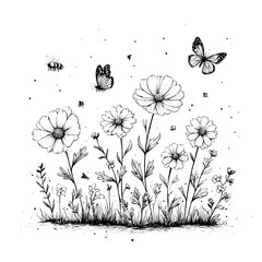 Whimsical Black and White Floral Sketch Illustration of Nature's Beauty with Butterflies and Bees in a Delicate Garden Landscape: Artistic Doodle Art of Wildflowers, Plants, and Pollination