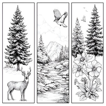 Tranquil Black and White Sketch of Serene Nature: Artistic Landscape with Trees, Deer, Mountains, River, Flowers, and Wildlife in a Peaceful Outdoors Habitat