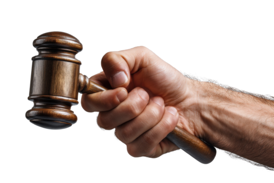 Justice in Hand: A close-up shot of a gavel held firmly in a person's hand. Emphasizing authority, justice, and the legal system.