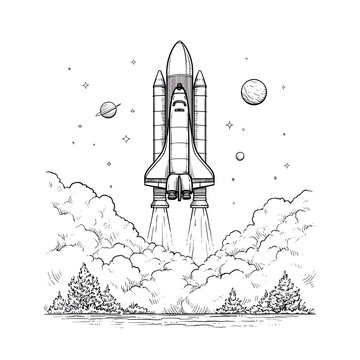 Futuristic Rocket Launch Adventure in Space: Minimalist Illustration of Aerospace Exploration, Vehicle Technology, and Science Journey through Clouds and Stars in the Universe