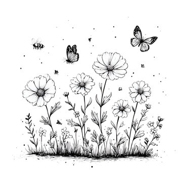 Whimsical Black and White Floral Sketch Illustration of Nature's Beauty with Butterflies and Bees in a Delicate Garden Landscape: Artistic Doodle Art of Wildflowers, Plants, and Pollination