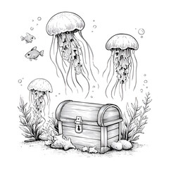 Exploring the Enigmatic Underwater World: Jellyfish, Ocean Life, Treasures, and Marine Adventures in Surrealism and Beauty of the Ocean Floor Ecosystem