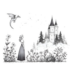 Whimsical Dragon Castle Adventure: Enchanting Fantasy Illustration of a Girl in a Magical Forest with Serene Nature, Elegant Details, and Mythical Creatures in a Dreamlike Landscape