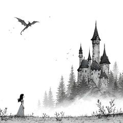 Enchanted Castle in Fantasyland: A Gothic Tale of a Dragon and Girl in Silhouette within an Eerie Forest Landscape of Mist, Wings, and Shadows - A Whimsical Adventure in Nature