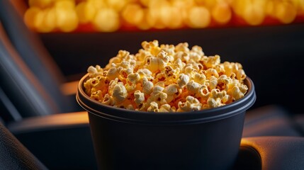 Close-up of a bucket of popcorn on an armrest with blurred movie screen in the background