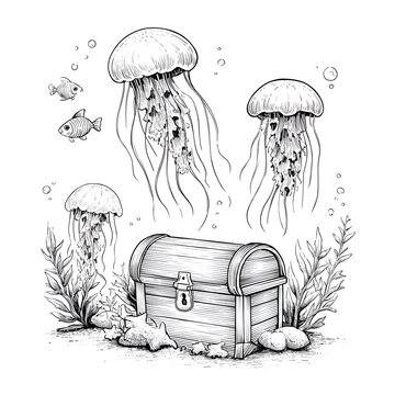 Exploring the Enigmatic Underwater World: Jellyfish, Ocean Life, Treasures, and Marine Adventures in Surrealism and Beauty of the Ocean Floor Ecosystem