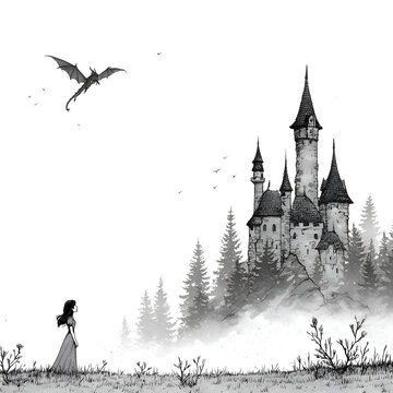 Enchanted Castle in Fantasyland: A Gothic Tale of a Dragon and Girl in Silhouette within an Eerie Forest Landscape of Mist, Wings, and Shadows - A Whimsical Adventure in Nature