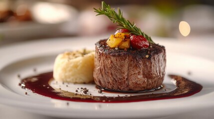 Detail shot of plated gourmet dish on white linen tablecloth, focus on food, blurred background