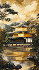 Fototapeta premium Traditional Japanese Temple Wooden Pagoda Golden Reflection Water Tranquil Nature Scenic Landscape Serenity Cultural Heritage Architecture Zen Peaceful Summer Autum Artistic Detail Craftsmanship