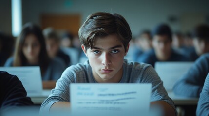 Students taking an online test in a supervised lab setting, serious expressions, organized rows