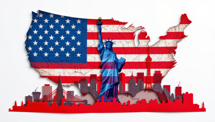 Artistic representation of USA with American flag, Statue of Liberty, and iconic skyline, evoking patriotism and pride