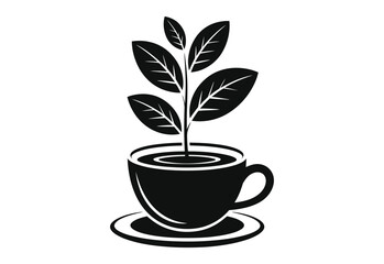 Herbal Tea Cup black and white Logo Green Leaf Drink Icon for Natural Beverages