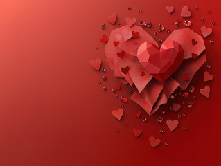 Red backdrop with paper hearts and glass features for a romantic decoration