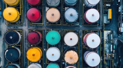 Fototapeta premium Fuel blending plant with multiple tanks and color-coded pipelines organized in a grid layout