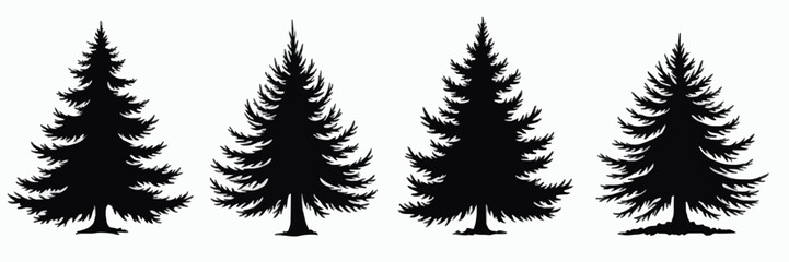 Obraz premium Set of four minimalist pine tree silhouettes, perfect for nature designs, forest themes, or seasonal decorations. Ideal for eco-friendly graphics, outdoor art, and Christmas visuals.