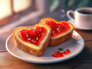Breakfast of heart-shaped jam toast and coffee for a cozy feeling