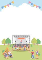 野外にステージを設置した夏フェスのイラスト（A4サイズ）