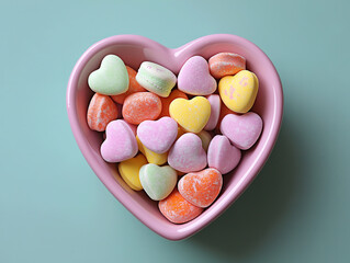 Valentine’s Day conversation hearts in a heart-shaped bowl for a sweet touch