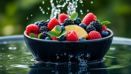 Fresh Berries and Pineapple in a Bowl with Splashing Water