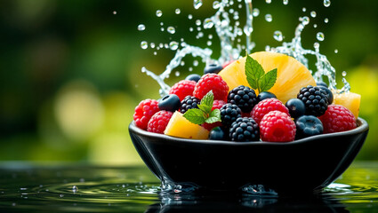 Fresh mixed berries and fruit salad in a white bowl with strawberries, raspberries, and blueberries for a healthy summer breakfast or delicious sweet dessert
