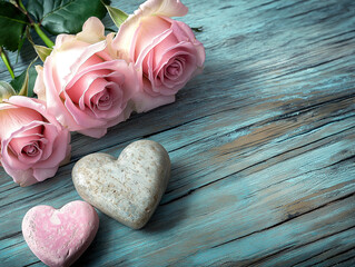 Romantic pink roses with a heart on rustic wood for special occasions