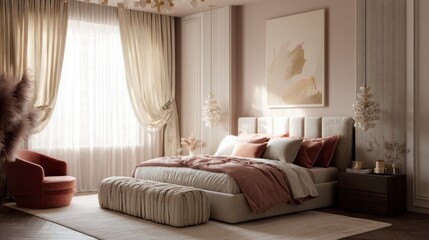 Elegant beige and blush pink bedroom interior