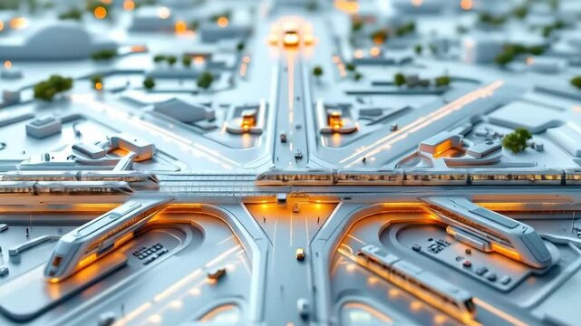 Aerial View of Futuristic City with Train and Traffic Motion Timelapse