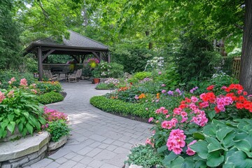 Stone path leads to gazebo, flowers bursting in colorful landscape. Ideal for illustrating tranquility, gardening or outdoor living concepts.