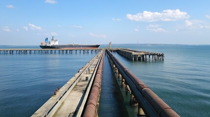Obraz premium Jetty connected to a fuel export terminal, with pipes stretching over water to a cargo vessel