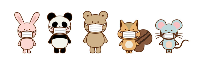 マスクをしたかわいい動物たちのイラストセット（ベクター素材）