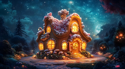 Fototapeta premium Magical gingerbread house at night under a starry sky.