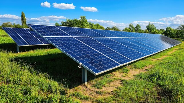 Modern solar farm with reflective photovoltaic panels aligned in desert terrain