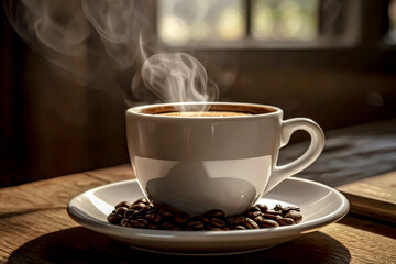 A cup of espresso served in a white ceramic cup on a rustic wooden table.