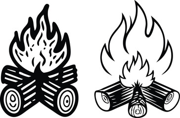 Two Campfire Illustrations in Black and White Perfect for Camping or Outdoors