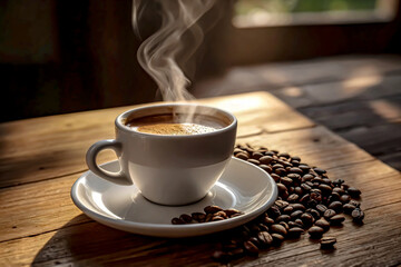 A cup of espresso served in a white ceramic cup on a rustic wooden table.