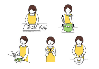 料理をしている女性の手描きイラストセット