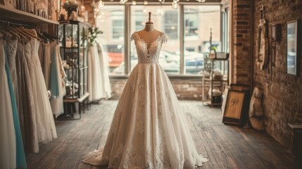 Obraz premium Elegant lace wedding dress on mannequin in stylish bridal shop. Illustrates love, commitment, and planning a special wedding day.